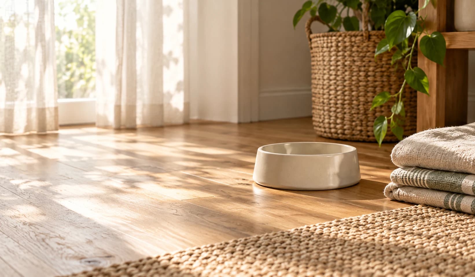 The quiet moments of pet care: a bowl, linen and a woven basket in a sunlit home